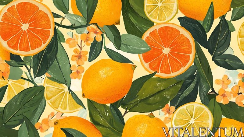 Citrus fruit pattern with lemons, oranges and leaves.