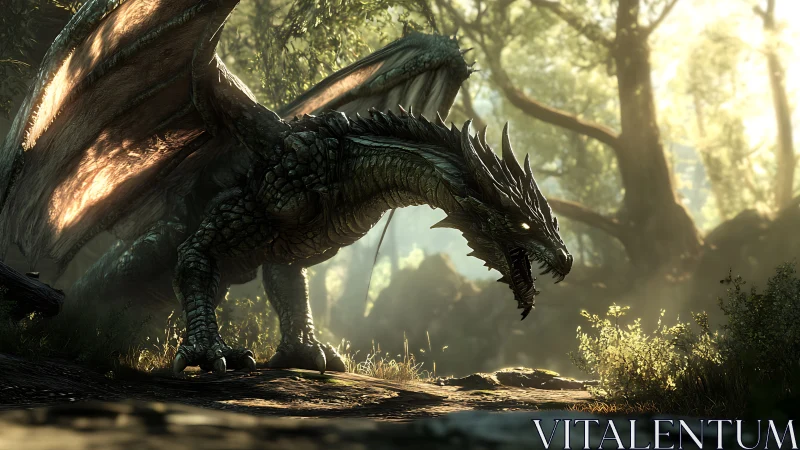 Armored forest dragon stalks sunlit woodland clearing