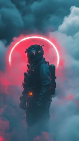 Neon-lit sci fi astronaut framed by glowing red halo.