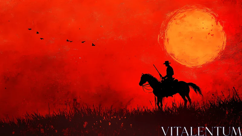 Cowboy on horseback against intense red sunset sky.