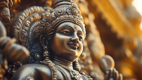 Bronze Hindu deity sculpture in shallow-depth warm side lighting