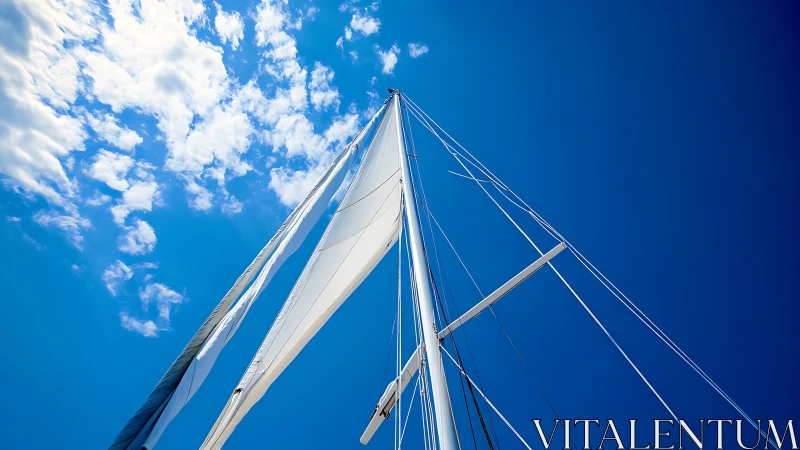 Tall sailboat mast and sails against vivid blue sky, modern style.