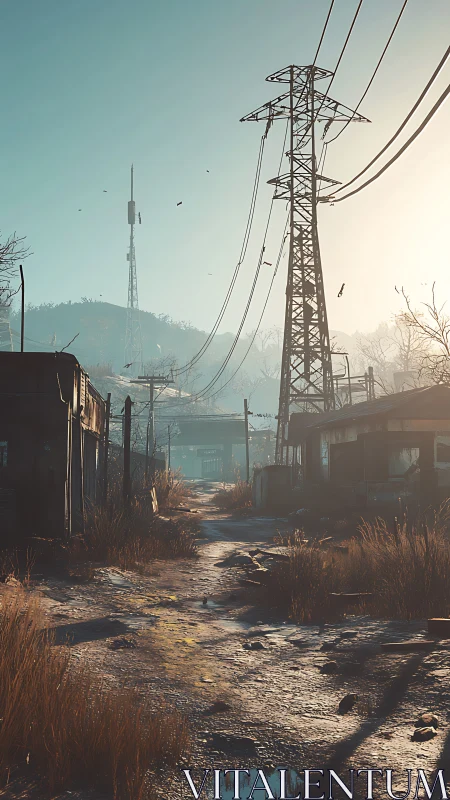 Abandoned rural road with power pylons at low sunlight period.