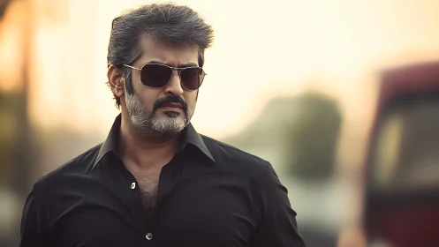 Stylish middle-aged man in sunglasses under golden bokeh light.