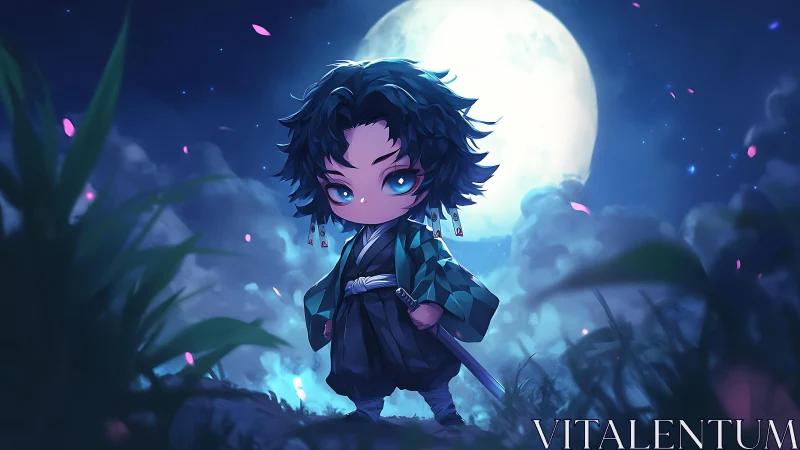 Chibi sword wielder in nighttime landscape under full moon.