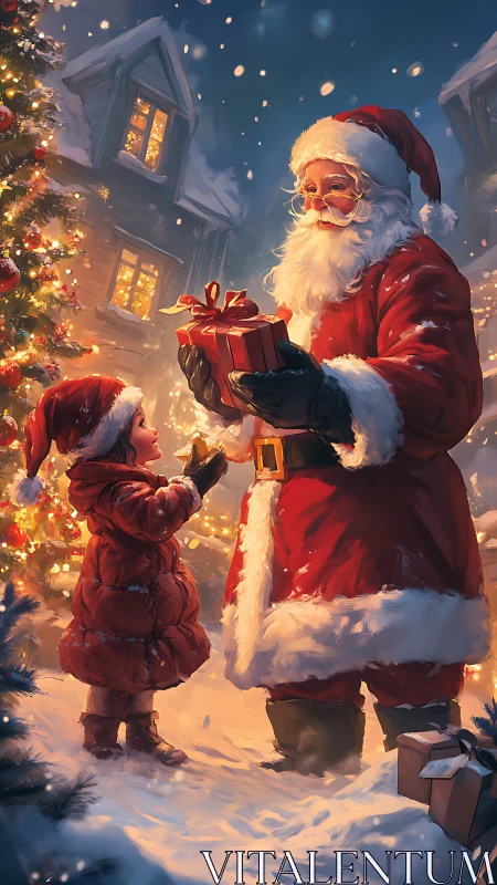 Santa shares wrapped present with child in snowy evening street