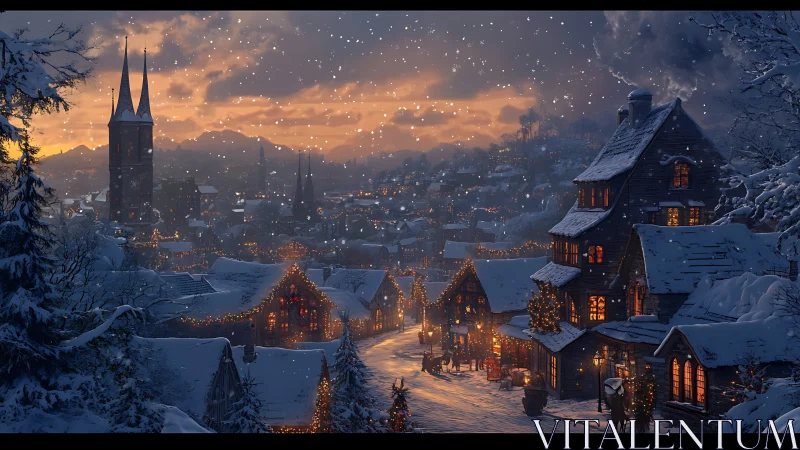 Snowy medieval village under warm winter dusk sky.