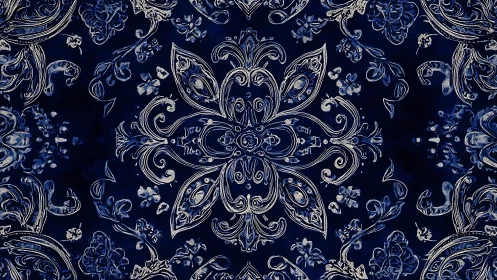 Ornate silver damask symmetry on deep indigo textile ground