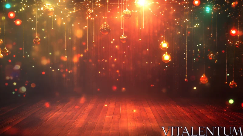 Festive wooden stage with suspended golden bokeh lights.