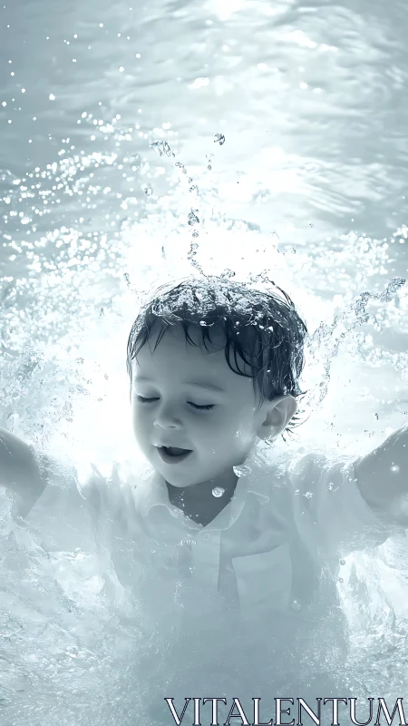 Child splashing joyfully in water with explosive dynamics.