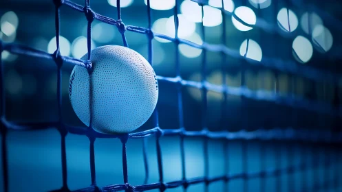 Padel ball wedged in net under cool arena bokeh lighting.