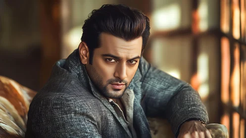 Portrait of seated man in textured blazer indoors.