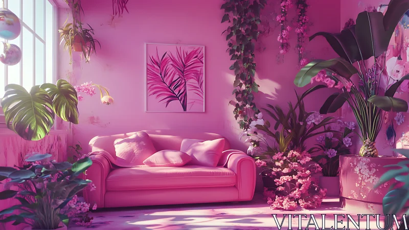 Soft pink sofa nestles among lush indoor plants and sunlight