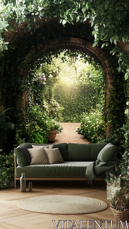 Garden arch daydream with cozy sofa and dappled sunlight.
