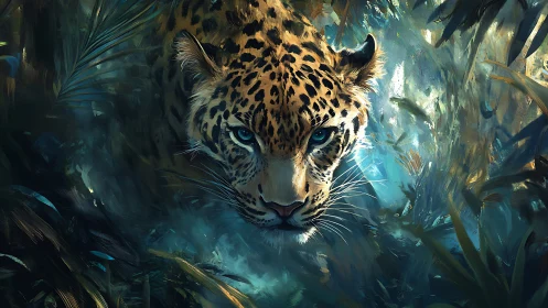 Luminous Leopard Eyes Gaze Through Misty Jungle.