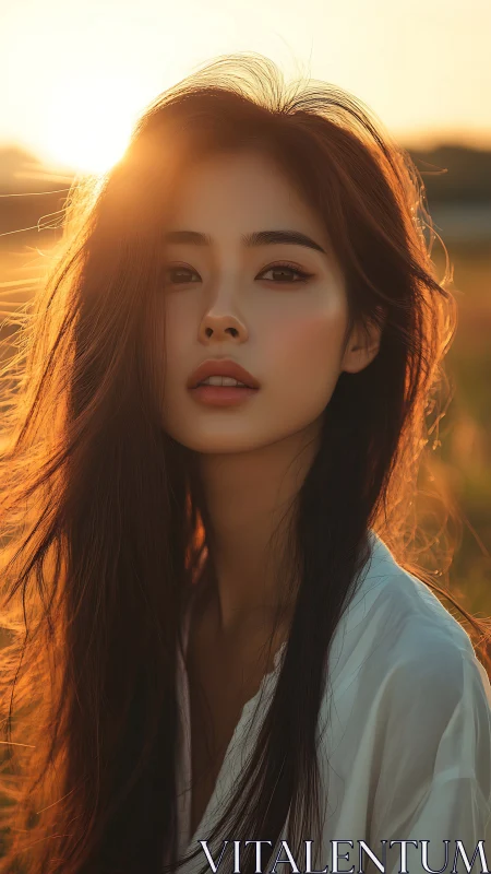 Portrait of young woman in warm sunset backlight outdoors