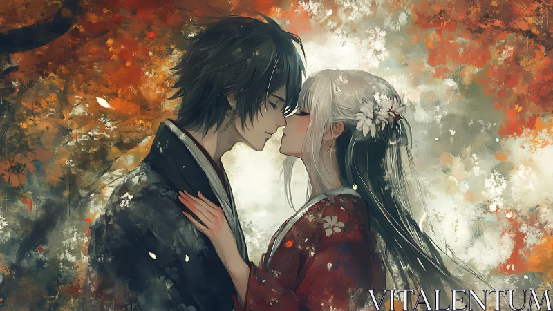 Autumnal kimono embrace in high saturation anime tableau.