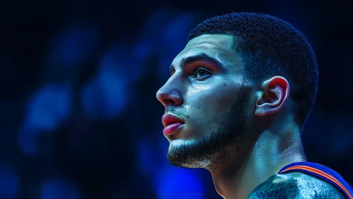 Photorealistic courtside portrait in saturated arena lighting.