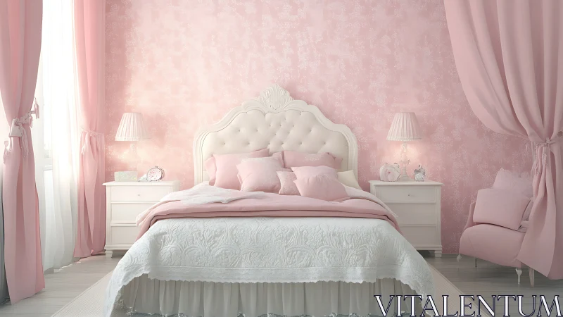Soft pink bedroom with tufted headboard and draped curtains.