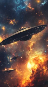 Starborne armada skims a burning sun in emberlit void.