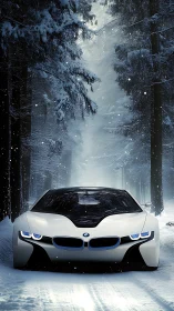 Snowbound electric predator gliding through silent pines.