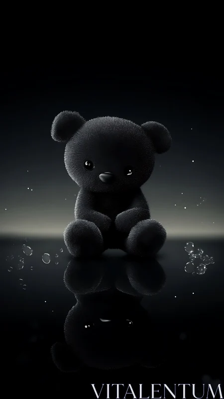 Black plush bear on reflective black surface in low light.