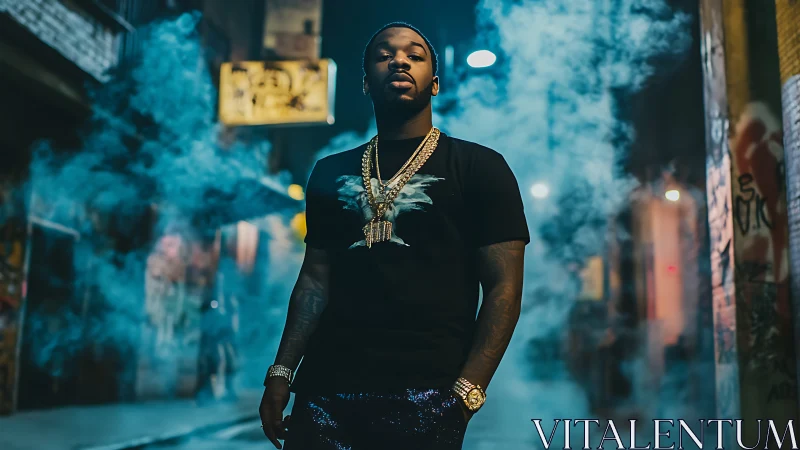 Street portrait captures confident figure amid neon haze.