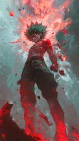 Explosive anime hero in low angle dynamic energy eruption