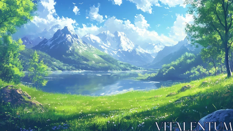 Sunlit valley whispers as snowcapped giants guard the lake