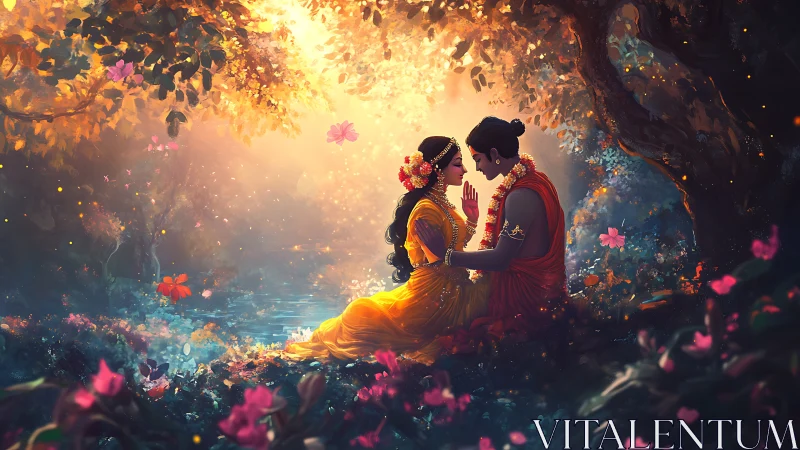 Couple in Garden Setting with Atmospheric Lighting Effects.