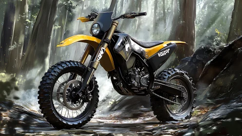 Yellow off-road dirt bike parked in dense forest trail.