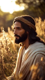 Photorealistic serene robed figure in golden meadow light.