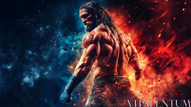 Digital painting of warrior in dynamic fire and ice contrast.