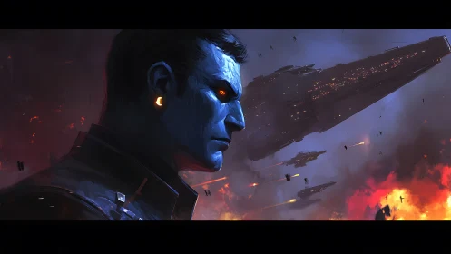 Blue-skinned commander observes burning space battle calmly