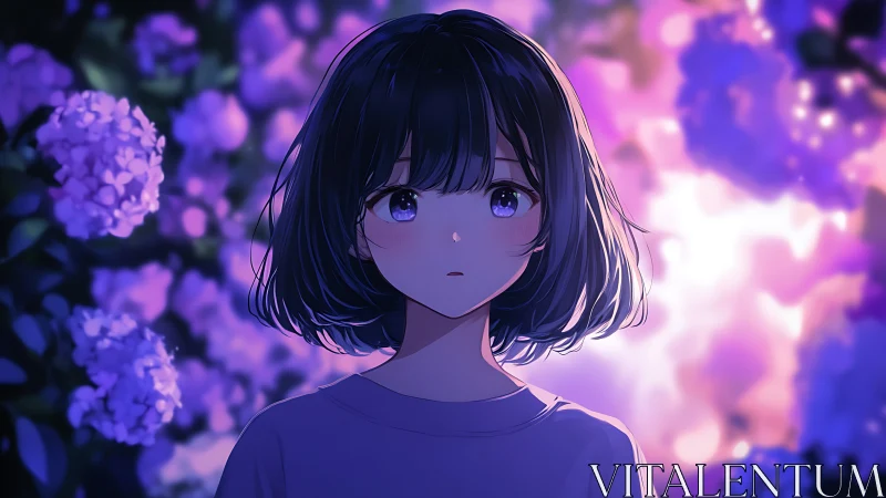 Soft-eyed girl beneath luminous violet hydrangeas at dusk.