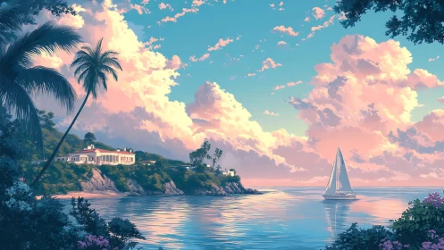 Tropical Coastal Villa at Sunset with Sailboat