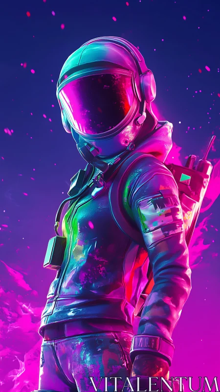 Neon space suited figure stands in vibrant pink blue glow