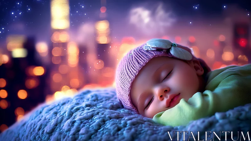Neon city bokeh framing digitally stylized infant sleep study.
