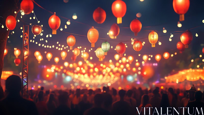 Lantern festival crowd under glowing bokeh night sky.