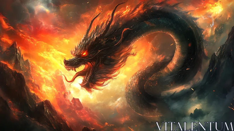 Ember-crowned dragon coils through a storm of molten sky