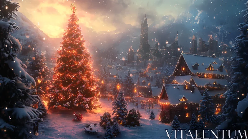 Snowy village Christmas tree glows warmly at winter dusk