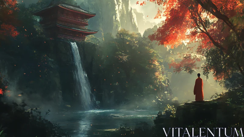 Monk observes red temple waterfall amid dense autumn forest