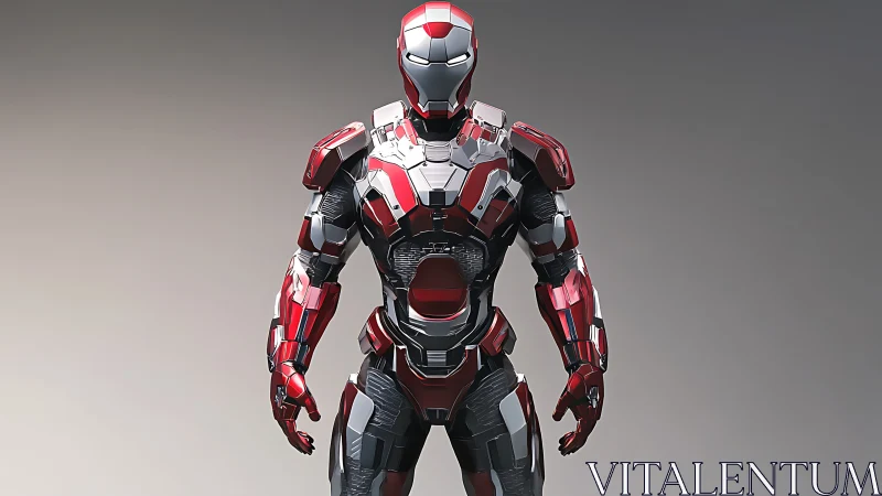 Red and silver humanoid combat exosuit stands under soft light