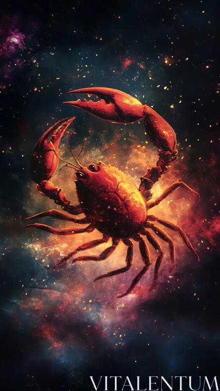 Red crab silhouette floats in vivid nebula-like cosmic space