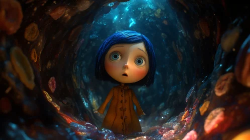 Wide-eyed girl in illuminated tunnel rendered as 3D animation