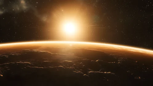 Golden sunrise over a glowing alien world invites quiet awe