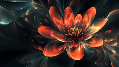 Digital painting of luminous fractal flower in dark field.