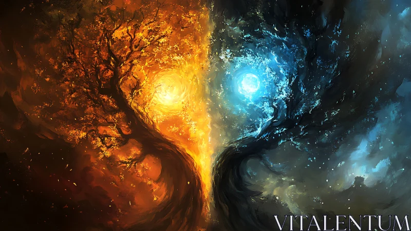 Dual elemental trees merge fire and ice in cosmic vortex.