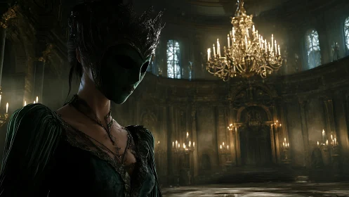 Masked noble in baroque hall rendered as dark 3D tableau