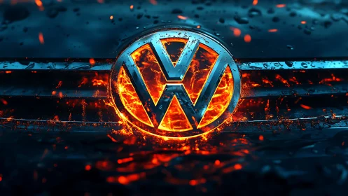 Incandescent VW grille emblem in molten thermal contrast study.